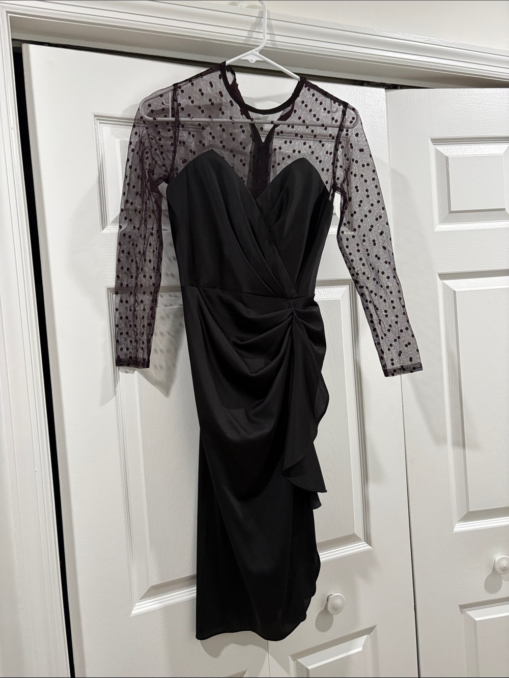 Vintage 80s Elegant Black Mesh Sleeve Draped Cocktail Dress